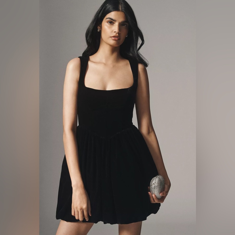 BHLDN Ariana Velvet Square-Neck Fit & Flare Bubble Mini Dress